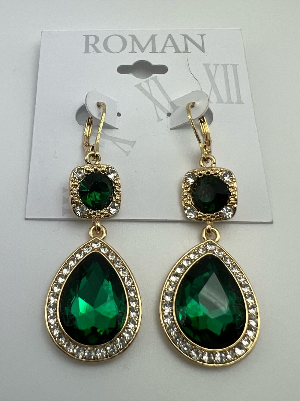 Roman gold-tone dangle earrings emerald green crystal teardrops clear rhinestone